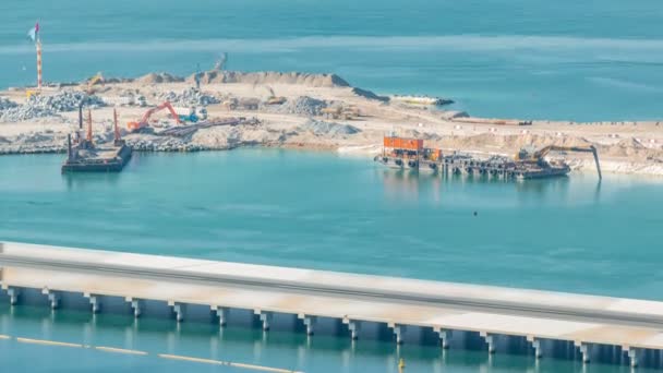 Вид Воздуха Palm Jumeirah Island Timelapse Вечерний Обзор Процесса Строительства — стоковое видео