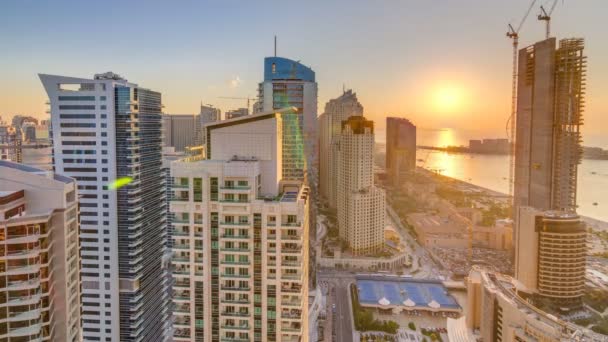 JBR and Dubai marina at sunset aerial timelapse — Stock Video