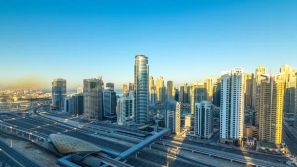 Dubai Marina Felhőkarcoló Tetején Légifelvételek Alatt Napkelte Reggel Jlt Timelapse — Stock videók