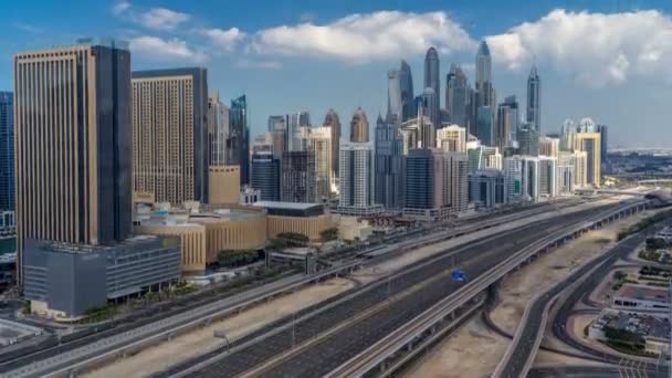 Dubai Marina skyscrapers aerial top view with clouds from JLT in Dubai timelapse, UAE. — Stock Video