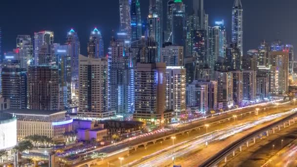 Fantastiska takterrass skyline i Dubai marina timelapse. — Stockvideo