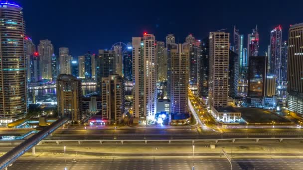 Fantastiska takterrass skyline i Dubai marina timelapse. — Stockvideo