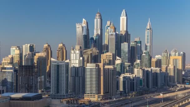 Dubai Marina towers w zachód słońca timelapse antenowe, Zjednoczone Emiraty Arabskie — Wideo stockowe