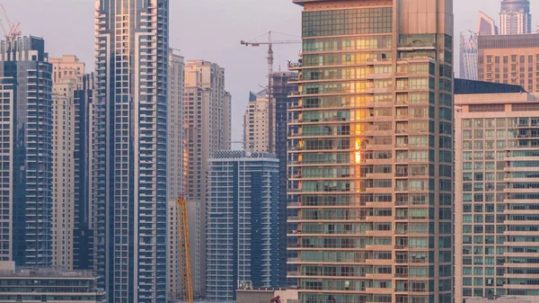 Légi Felvétel Dubai Marina Sunset Timelapse Pontról Sun Visszaverődő Pohár — Stock Fotó