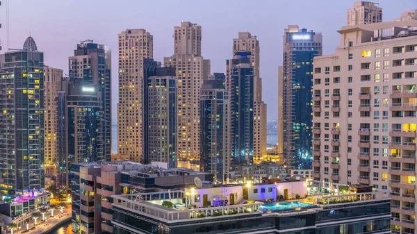 Aerial View Dubai Marina Sunset Vantage Point Day Night Transition — Stock Photo, Image