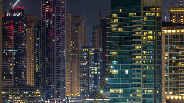 Flygfoto Över Dubai Marina Från Utsiktspunkt Natt Timelapse Moderna Skyskrapor — Stockfoto