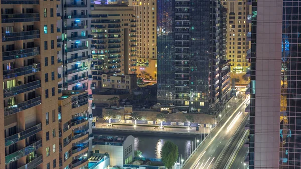 Vista Aerea Dubai Marina Punto Vista Timelapse Notte Grattacieli Moderni — Foto Stock