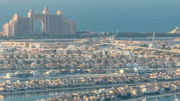 Aerial View Palm Jumeirah Island Timelapse Evening Top View Villas — Stock Photo, Image