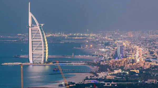 Letecký Pohled Pláž Jumeirah Panorama Dubaje Burdž Arab Den Noční — Stock fotografie