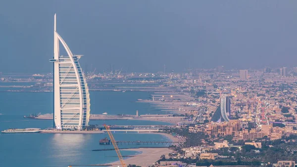 Légi Kilátás Öbölre Dubai Városára Burj Arab Nap Éjjel Átmenet — Stock Fotó