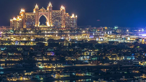 Aerial View Palm Jumeirah Island Night Timelapse Top View Illuminated — Stock Photo, Image