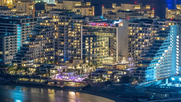 Luftaufnahme Der Palmeninsel Jumeirah Zeitraffer Von Oben Mit Beleuchteten Villen — Stockfoto