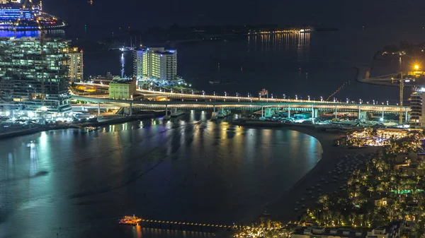 Légi Felvétel Palm Jumeirah Szigetre Éjszaka Timelapse Híd Szemközti Nézet — Stock Fotó