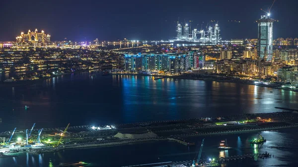 Luchtfoto Van Palm Jumeirah Island Nacht Timelapse Bovenaanzicht Met Verlichte — Stockfoto