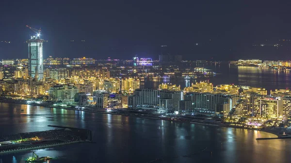 Luchtfoto Van Palm Jumeirah Island Nacht Timelapse Bovenaanzicht Met Verlichte — Stockfoto