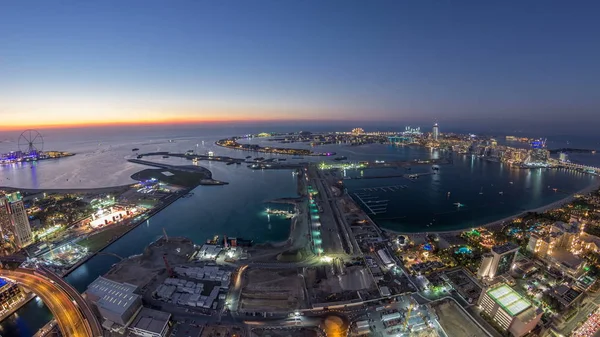 Solnedgången Flygfoto Över Palm Jumeirah Island Dag Till Natt Övergång — Stockfoto