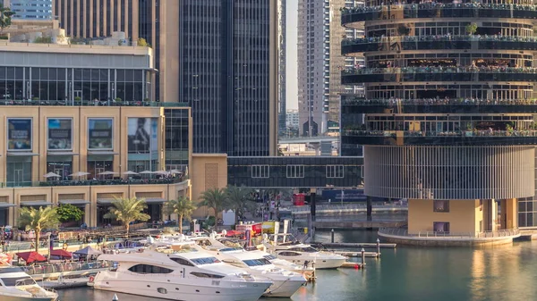 Aerial Vew Dubai Marina Shoping Mall Restaurants Towers Yachts Timelapse — Stock Photo, Image