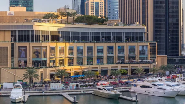 Aerial Vew Dubai Marina Shoping Mall Restaurants Towers Yachts Timelapse — Stock Photo, Image