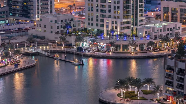 Luxury Dubai Marina Canal Passing Boats Promenade Palms Day Night — стоковое фото