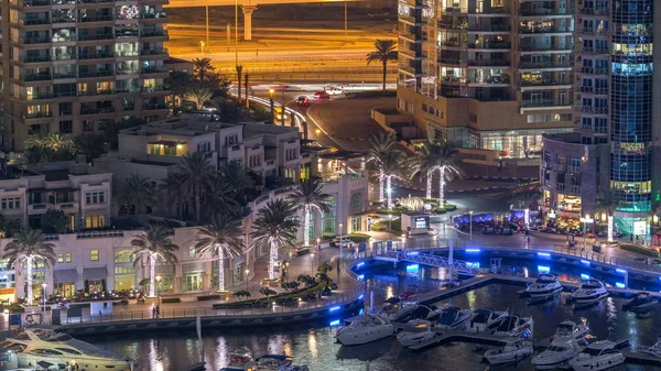 Luxury Dubai Marina Canal Passing Boats Promenade Restaurants Night Timelapse — Stock Photo, Image