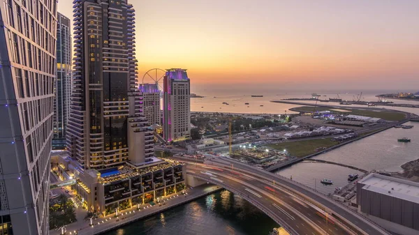 Jbr Und Dubai Marina Nach Sonnenuntergang Antenne Tag Nacht Übergang — Stockfoto