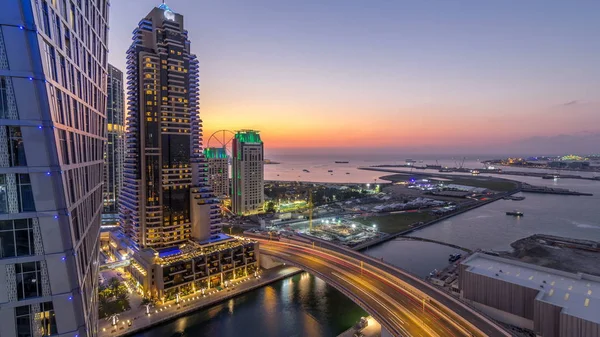 Jbr Dubai Marina Zonsondergang Luchtfoto Dag Naar Nacht Overgang Timelapse — Stockfoto