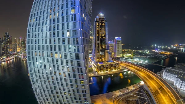 Воздушная Гавань Джакарты Дубая Освещённые Современные Башни Небоскребы Движение Мосту — стоковое фото