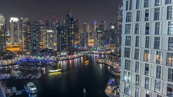 Luxury Dubai Marina Canal Passing Boats Promenade Restaurants Night Timelapse — Stock Photo, Image