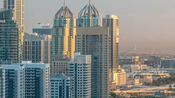 Dubai Marina Skyskrapor Topp Flygfoto Soluppgången Morgonen Från Jlt Dubai — Stockfoto