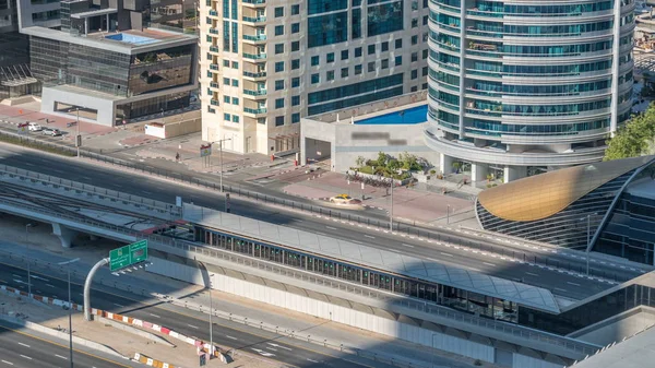 Flygfoto Över Dubai Spårvagn Dubai Marina Timelapse Dubai Spårvagn Körs — Stockfoto