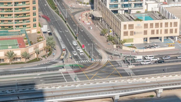 Aerial View Road Intersection Big City Timelapse Urban Landscape Dubai — Stock Photo, Image