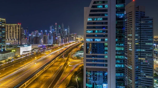 Fantastisk Tagterrasse Skyline Dubai Marina Timelapse Illuminated Skyskrabere Storby Natten - Stock-foto