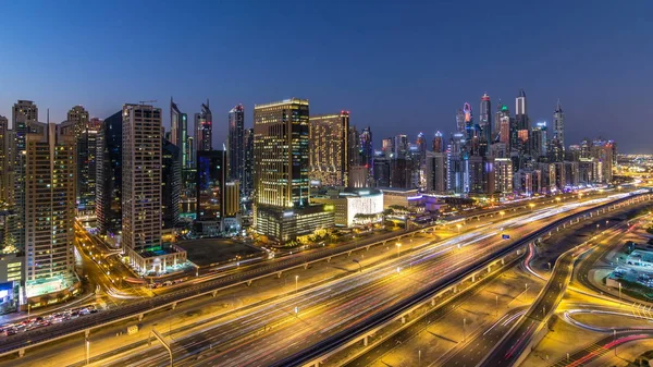 Dubai Marina Con Tráfico Sheikh Zayed Panorama Carretera Día Noche —  Fotos de Stock