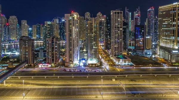 Fantástico Horizonte Azotea Dubai Marina Timelapse Rascacielos Iluminados Una Gran —  Fotos de Stock