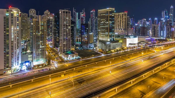 Fantástico Horizonte Azotea Dubai Marina Timelapse Rascacielos Iluminados Una Gran —  Fotos de Stock