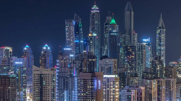 Fantastiska Takterrass Skyline Dubai Marina Timelapse Belysta Högsta Skyskrapor Storstad — Stockfoto