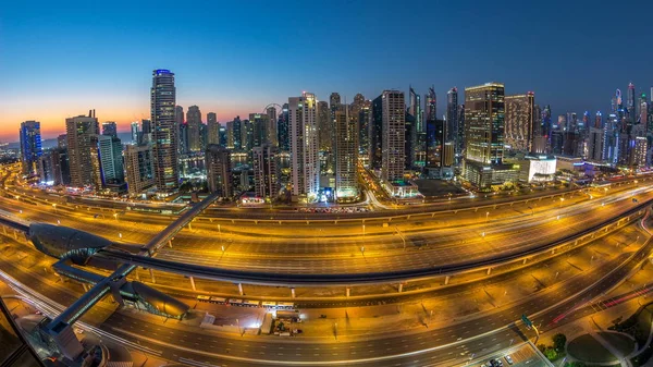 Dubai Marina Con Tráfico Sheikh Zayed Panorama Carretera Día Noche —  Fotos de Stock