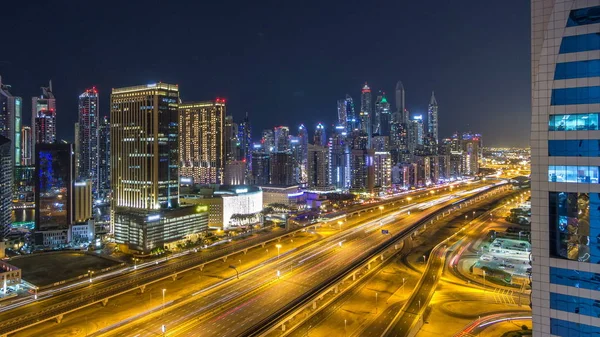 Dachu Panoramę Dubai Marina Timelapse Oświetlone Wieżowce Wielkiego Miasta Nocą — Zdjęcie stockowe