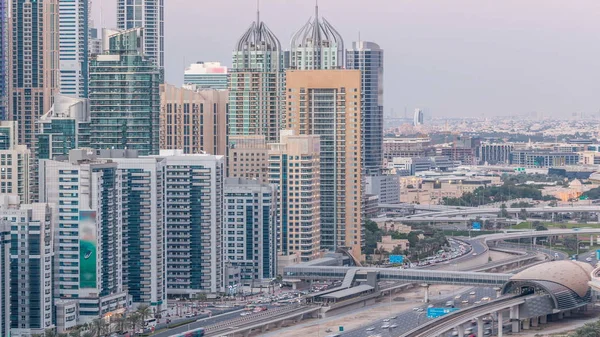 Dubai Marina Ruchu Sheikh Zayed Road Panorama Dnia Lampki Nocne — Zdjęcie stockowe