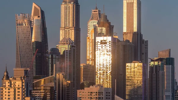 Dubai Marina Torres Durante Puesta Del Sol Timelapse Aéreo Emiratos —  Fotos de Stock