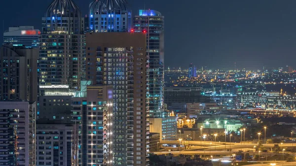 Фантастичний Даху Skyline Dubai Marina Timelapse Світлові Хмарочоси Великого Міста — стокове фото
