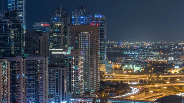 Fantastische Skyline Von Dubais Yachthafen Zeitraffer Beleuchtete Wolkenkratzer Einer Großstadt — Stockfoto