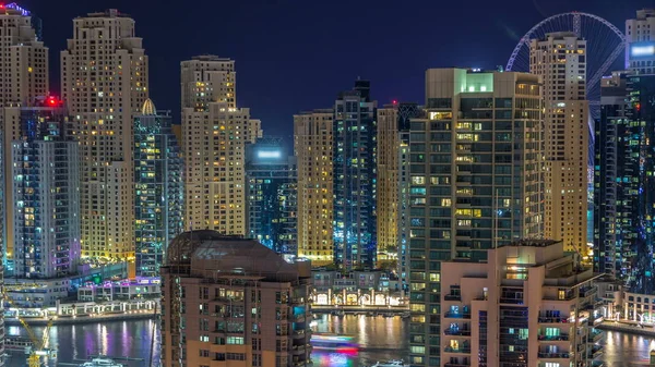 Fantastisch Dak Skyline Van Dubai Marina Met Boten Timelapse Verlichte — Stockfoto