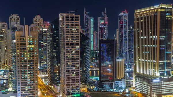 Fantástico Horizonte Azotea Dubai Marina Timelapse Rascacielos Iluminados Una Gran —  Fotos de Stock