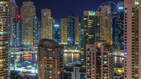 Fantastic Rooftop Skyline Dubai Marina Boats Timelapse Illuminated Skyscrapers Big — Stock Photo, Image