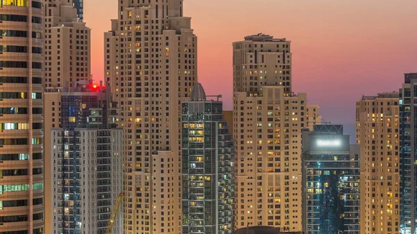 Dubai Marina Jbr Twers Panorama Dia Noite Transição Timelapse Luzes — Fotografia de Stock