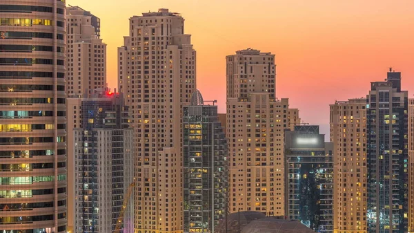 Dubai Marina Jbr Twers Panorama Jour Nuit Transition Timelapse Lumières — Photo