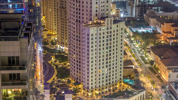 Letecký Pohled Moderní Osvětlenými Mrakodrapy Pláž Jumeirah Beach Residence Jbr — Stock fotografie