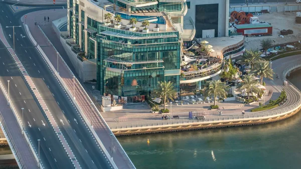 Luxury Dubai Marina Canal Promenade Palms Caffees Timelapse Traffic Bridge — Stock Photo, Image