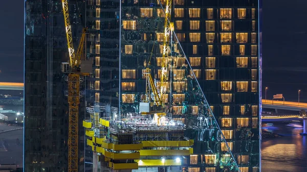 Estaleiro Construção Com Guindastes Noite Jbr Timelapse Construção Arranha Céus — Fotografia de Stock